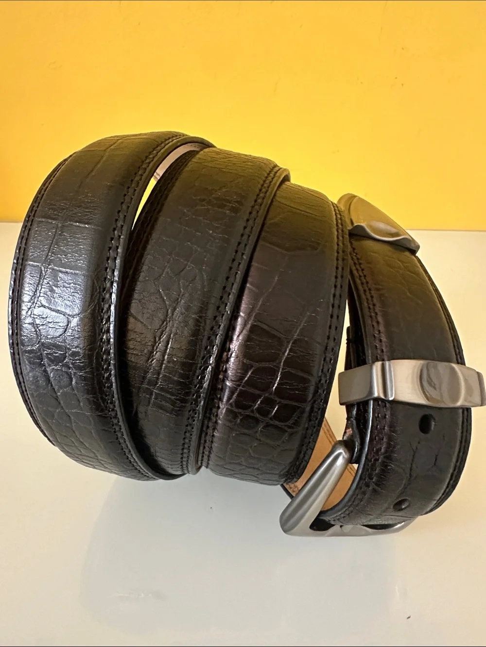 Men's Black Leather Croc Embossed Dress Belt with Brushed Steel Buckle 3XL